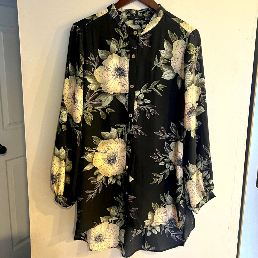 JOAN VASS Women’s Black Floral Print Long Sleeve Button Down Dress Size L NEW